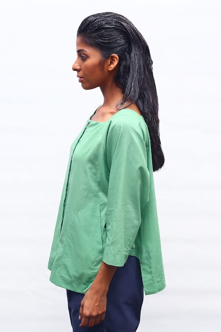 Shop Dhi Green Cotton Boat Neck High-low Organic Shirt at Aza Fashions Shop_Dhi_Green Cotton Boat Neck High-low Organic Shirt _at_Aza_Fashions