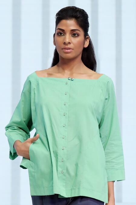 Dhi_Green Cotton Boat Neck High-low Organic Shirt _Online_at_Aza_Fashions