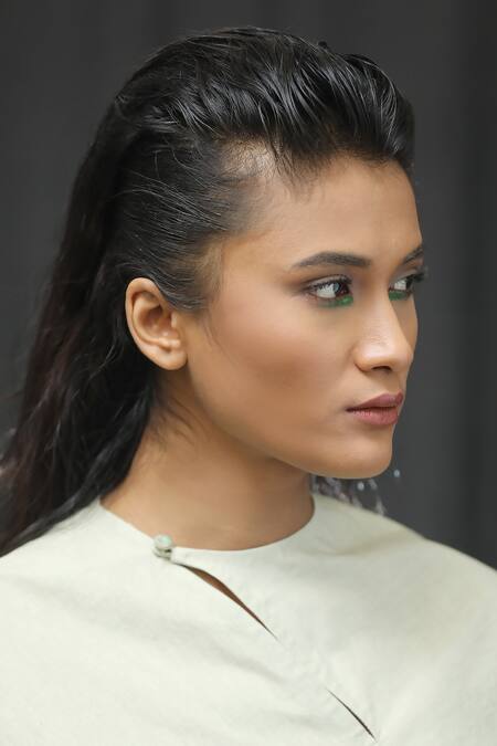 Dhi_Grey Cotton Embroidery Round Neck Organic Asymmetric Top _Online_at_Aza_Fashions