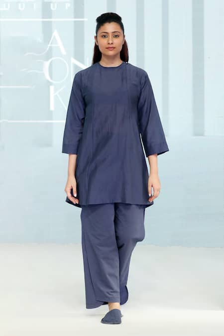 Dhi Blue Cotton, Silk Round Neck Top 