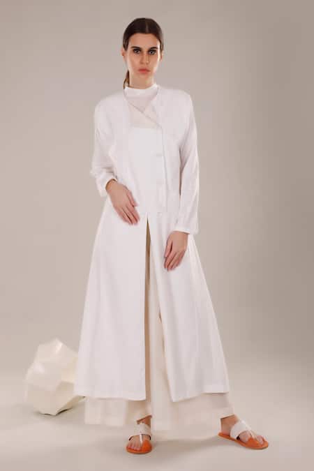 Dhi White Chanderi Solid Trench Coat 