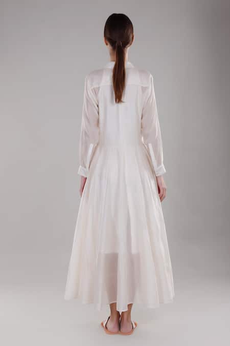 Shop_Dhi_White Chanderi Silk Embroidery Collared Full Sleeve Shirt Dress _at_Aza_Fashions