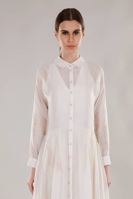 Dhi White Chanderi Silk Embroidery Collared Full Sleeve Shirt Dress Online at Aza Fashions Dhi_White Chanderi Silk Embroidery Collared Full Sleeve Shirt Dress _Online_at_Aza_Fashions