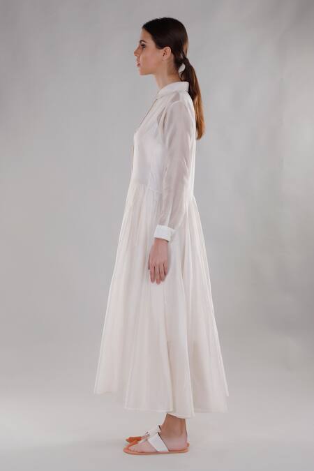 Buy_Dhi_White Chanderi Silk Embroidery Collared Full Sleeve Shirt Dress _Online_at_Aza_Fashions