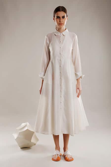Dhi White Chanderi Silk Embroidery Collared Placement Shirt Dress 