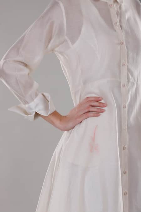 Dhi_White Chanderi Silk Embroidery Collared Placement Shirt Dress _Online_at_Aza_Fashions