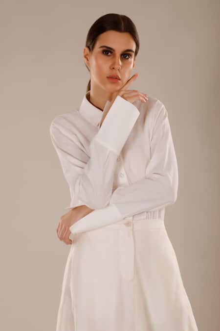 Dhi_White Handloom Cotton Split V-neck, Collared Full Sleeve Solid Shirt _Online_at_Aza_Fashions