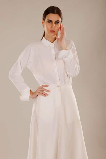 Buy_Dhi_White Handloom Cotton Split V-neck, Collared Full Sleeve Solid Shirt _Online_at_Aza_Fashions