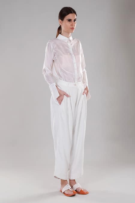 Shop Dhi White Silk Collared Full Sleeve Shirt at Aza Fashions Shop_Dhi_White Silk Collared Full Sleeve Shirt _at_Aza_Fashions