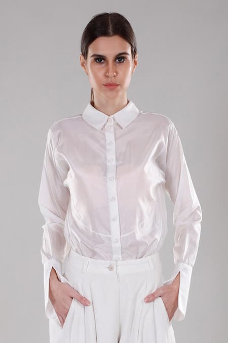 Shop Dhi White Silk Collared Full Sleeve Shirt Online at Aza Fashions Shop_Dhi_White Silk Collared Full Sleeve Shirt _Online_at_Aza_Fashions