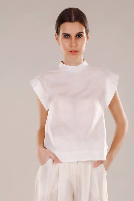 Dhi White Chanderi Silk Round Neck Solid High Top Online at Aza Fashions Dhi_White Chanderi Silk Round Neck Solid High Top _Online_at_Aza_Fashions