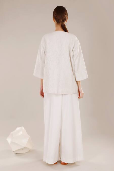 Shop_Dhi_White Cotton Silk Embroidery French Knots Open Jacket _at_Aza_Fashions