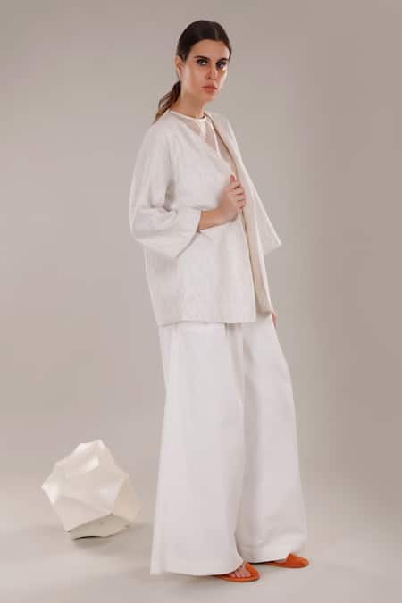 Dhi_White Cotton Silk Embroidery French Knots Open Jacket _Online_at_Aza_Fashions