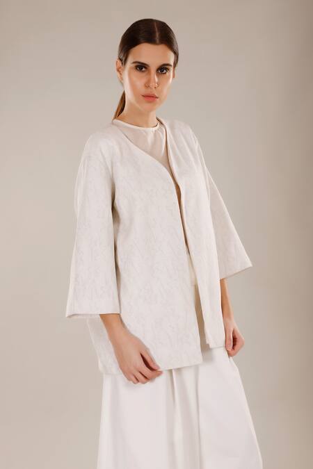 Buy_Dhi_White Cotton Silk Embroidery French Knots Open Jacket _Online_at_Aza_Fashions