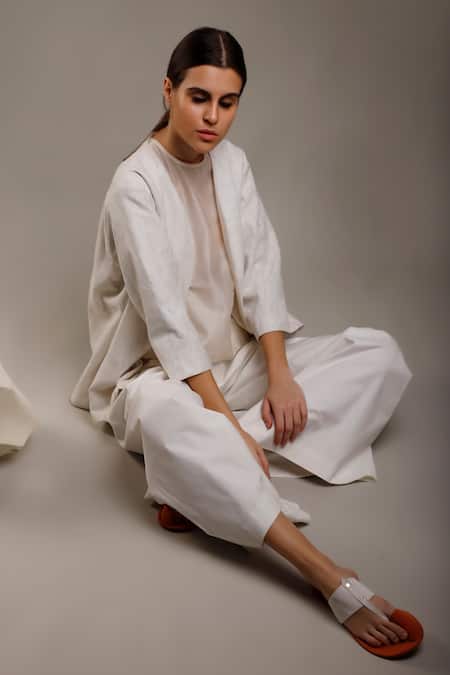 Shop_Dhi_White Cotton Silk Embroidery French Knots Open Jacket _Online_at_Aza_Fashions