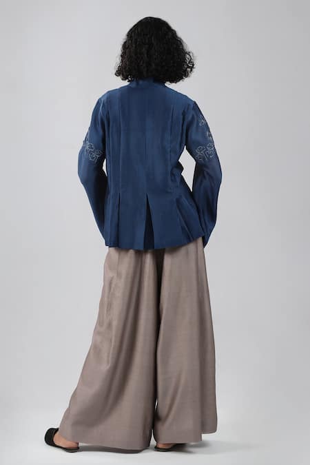 Dhi_Blue Chanderi Embroidery Bandeau Neck Garden Pleated Shirt _Online_at_Aza_Fashions