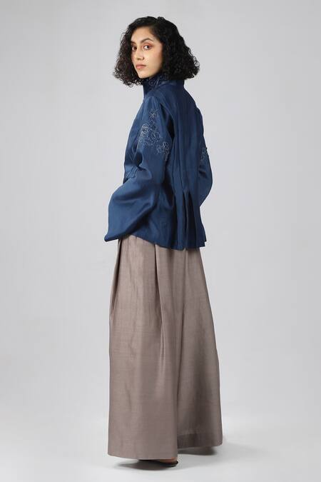 Shop_Dhi_Blue Chanderi Embroidery Bandeau Neck Garden Pleated Shirt _Online_at_Aza_Fashions