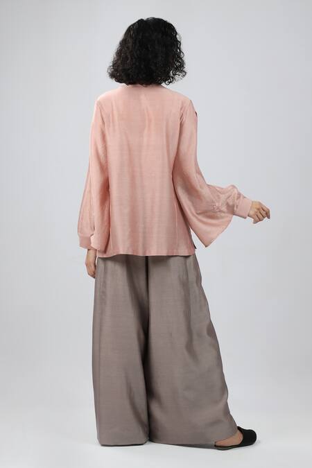 Dhi_Pink Chanderi Embroidery Mandarin Collar Slit Sleeve Shirt _Online_at_Aza_Fashions