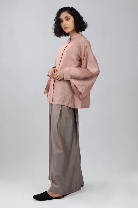 Buy_Dhi_Pink Chanderi Embroidery Mandarin Collar Slit Sleeve Shirt _Online_at_Aza_Fashions