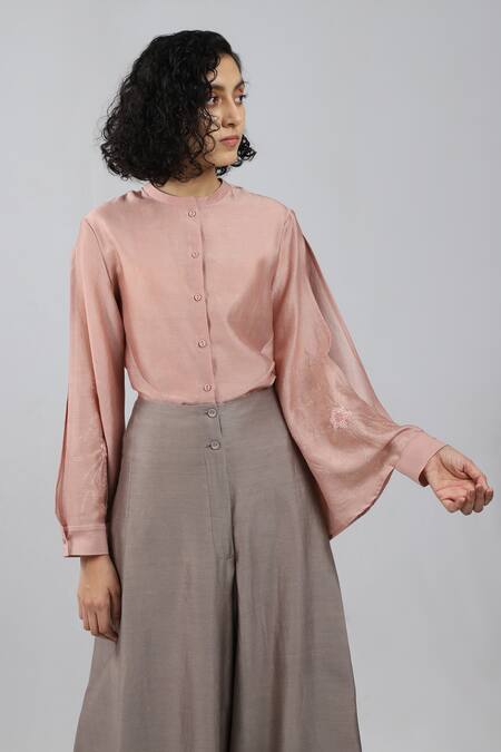 Dhi_Pink Chanderi Embroidery Mandarin Collar Slit Sleeve Shirt _at_Aza_Fashions