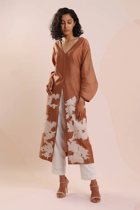 Dhi Brown Chanderi Embroidery V-neck Abstract Patch Work Overlay 