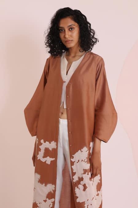 Dhi_Brown Chanderi Embroidery V-neck Abstract Patch Work Overlay _Online_at_Aza_Fashions