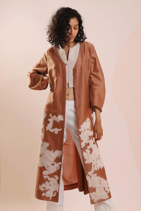 Buy_Dhi_Brown Chanderi Embroidery V-neck Abstract Patch Work Overlay _Online_at_Aza_Fashions