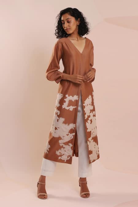 Shop_Dhi_Brown Chanderi Embroidery V-neck Abstract Patch Work Overlay _Online_at_Aza_Fashions