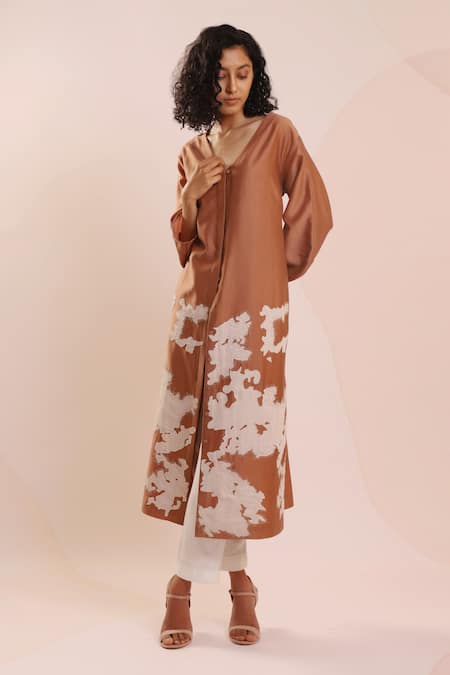 Dhi_Brown Chanderi Embroidery V-neck Abstract Patch Work Overlay _at_Aza_Fashions