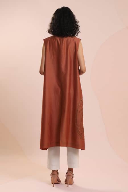 Shop_Dhi_Brown Chanderi Embroidery Shawl Neck Abstract Overlay _at_Aza_Fashions