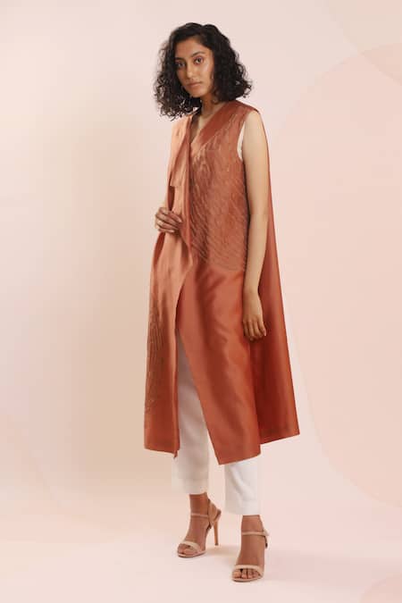 Dhi_Brown Chanderi Embroidery Shawl Neck Abstract Overlay _Online_at_Aza_Fashions