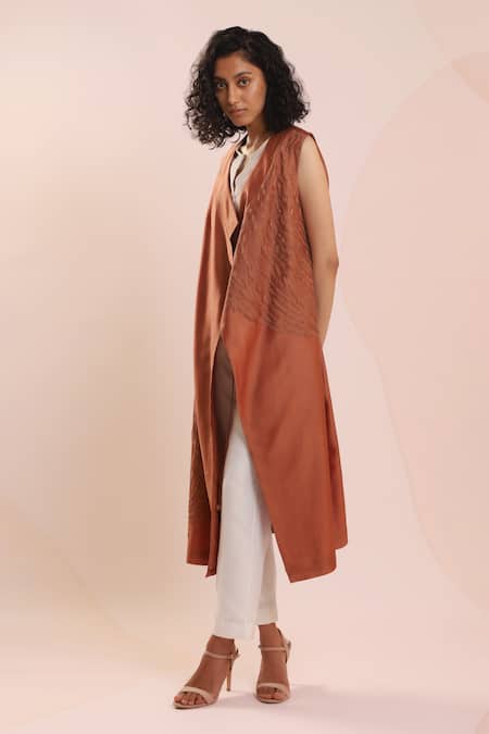 Buy_Dhi_Brown Chanderi Embroidery Shawl Neck Abstract Overlay _Online_at_Aza_Fashions