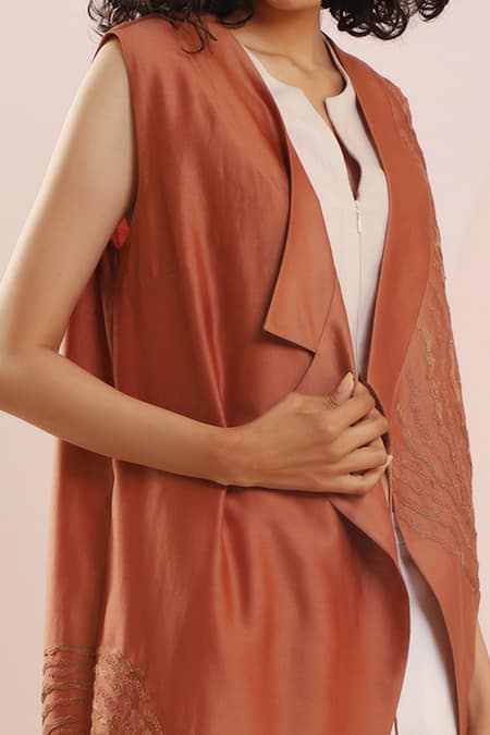 Shop_Dhi_Brown Chanderi Embroidery Shawl Neck Abstract Overlay _Online_at_Aza_Fashions