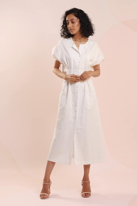 Dhi_White Cotton Embroidery Round Neck Thread Puff Sleeve Dress _Online_at_Aza_Fashions
