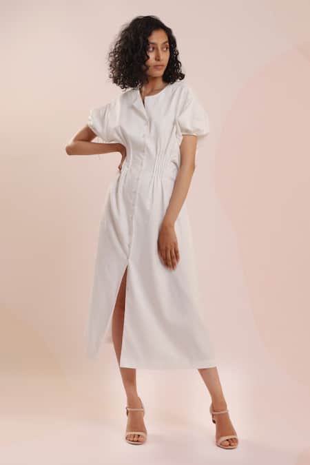 Buy_Dhi_White Cotton Embroidery Round Neck Thread Puff Sleeve Dress _Online_at_Aza_Fashions