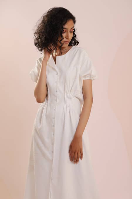 Shop_Dhi_White Cotton Embroidery Round Neck Thread Puff Sleeve Dress _Online_at_Aza_Fashions