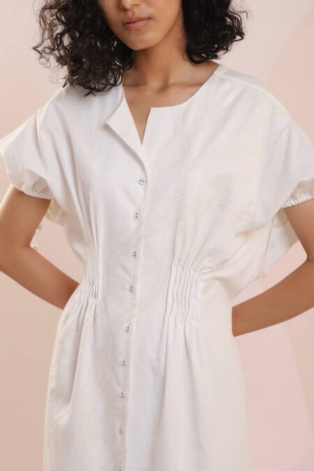 Dhi_White Cotton Embroidery Round Neck Thread Puff Sleeve Dress _at_Aza_Fashions