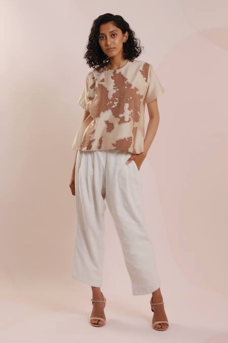 Dhi White Chanderi Embroidery Round Neck Abstract Patch Work Top 