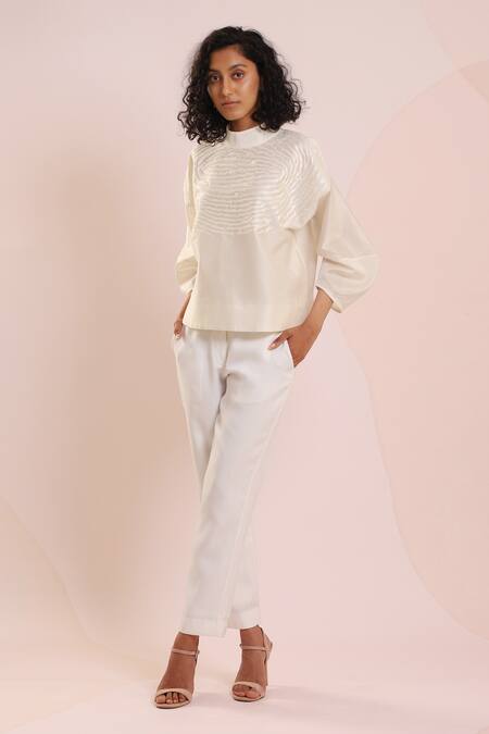 Dhi White Chanderi Embroidery High Neck Thread Lantern Sleeve Top 