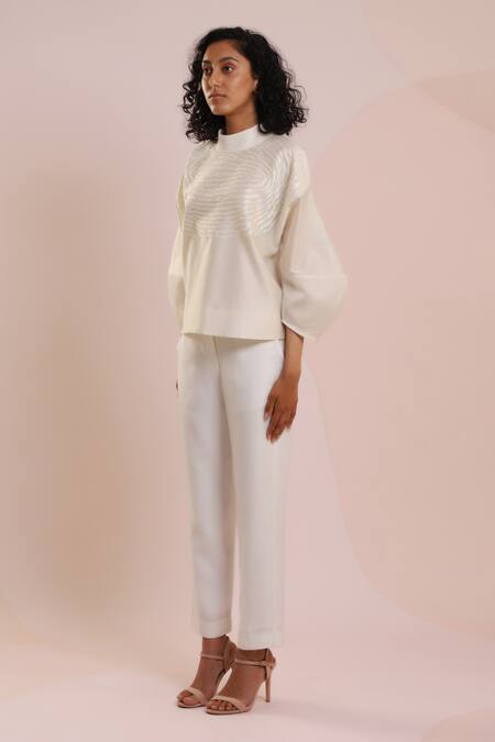 Dhi_White Chanderi Embroidery High Neck Thread Lantern Sleeve Top _Online_at_Aza_Fashions
