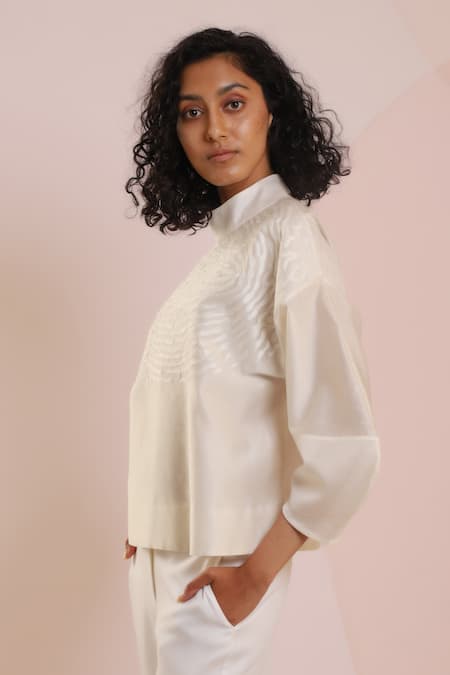 Shop_Dhi_White Chanderi Embroidery High Neck Thread Lantern Sleeve Top _Online_at_Aza_Fashions