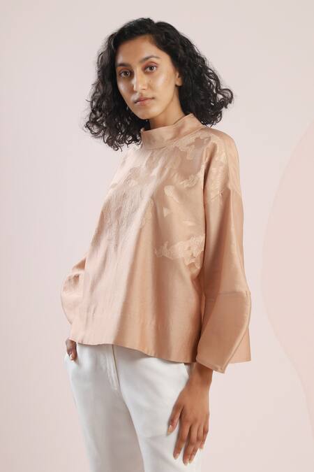 Shop_Dhi_Beige Chanderi Embroidery High Neck Patch Work Lantern Sleeve Top _Online_at_Aza_Fashions