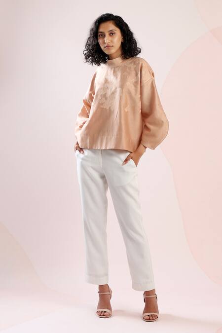 Dhi_Beige Chanderi Embroidery High Neck Patch Work Lantern Sleeve Top _at_Aza_Fashions