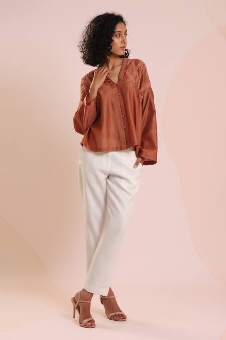 Dhi_Brown Chanderi Embroidery V-neck Yoke Bell Sleeve Top _Online_at_Aza_Fashions