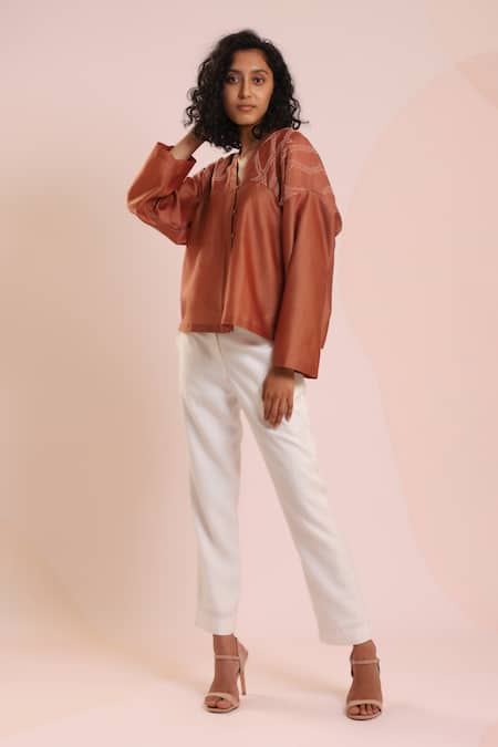 Buy_Dhi_Brown Chanderi Embroidery V-neck Yoke Bell Sleeve Top _Online_at_Aza_Fashions