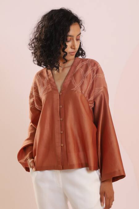 Shop_Dhi_Brown Chanderi Embroidery V-neck Yoke Bell Sleeve Top _Online_at_Aza_Fashions