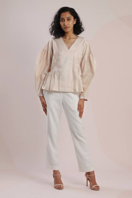 Dhi Pink Chanderi Embroidery V-neck Balloon Sleeve Peplum Top 