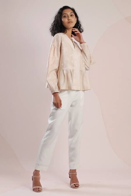 Dhi_Pink Chanderi Embroidery V-neck Balloon Sleeve Peplum Top _Online_at_Aza_Fashions