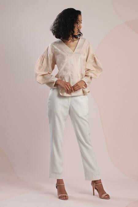 Buy_Dhi_Pink Chanderi Embroidery V-neck Balloon Sleeve Peplum Top _Online_at_Aza_Fashions