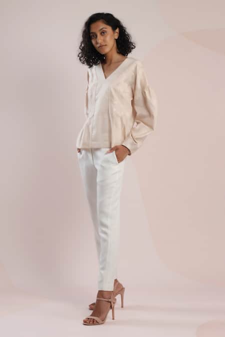 Shop_Dhi_Pink Chanderi Embroidery V-neck Balloon Sleeve Peplum Top _Online_at_Aza_Fashions